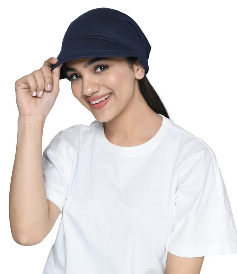 5854 Bamboo Viscose Visor Cap with Short Tails Headwear Chemo Headwear Navy